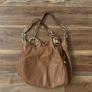 MICHAEL KORS Fulton Camel Pebbled Leather Gold Chain Shoulder Tote Bag Hobo